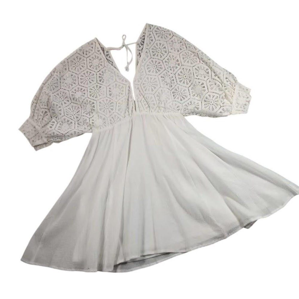 Dress Womens One Size White Lace Crochet Kimono Sleeve Lined Boho Mini